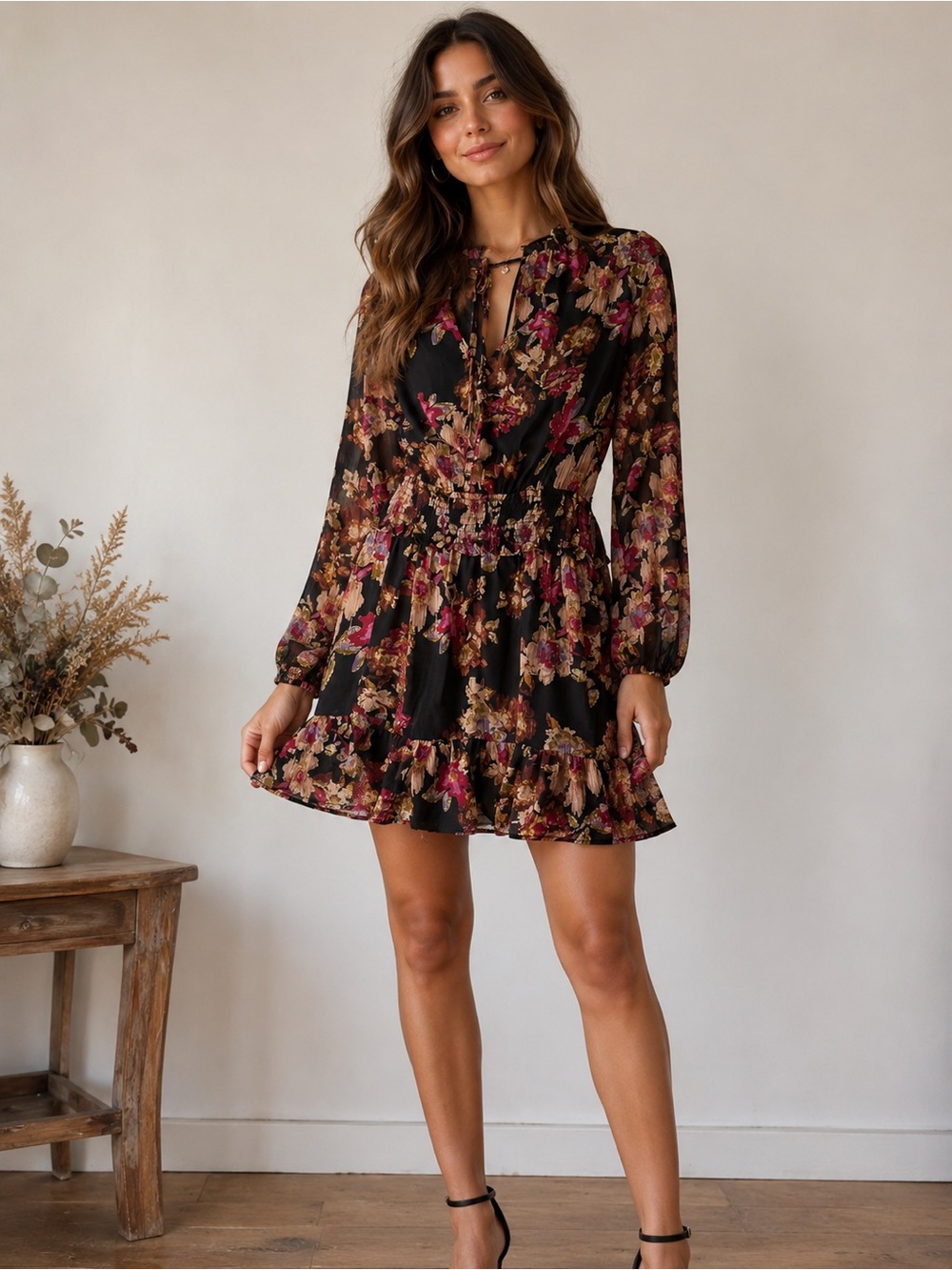 VICI Collection Black Floral Ruffle girly coquette Ruffle Mini Dress - Size Medi